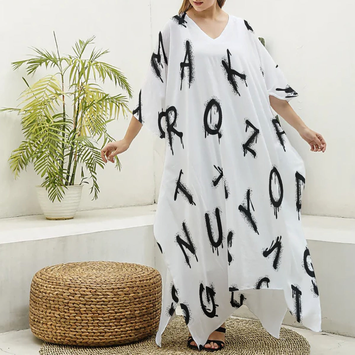 All-Over Print Women's Imitation Silk V-neck Kaftan Robe