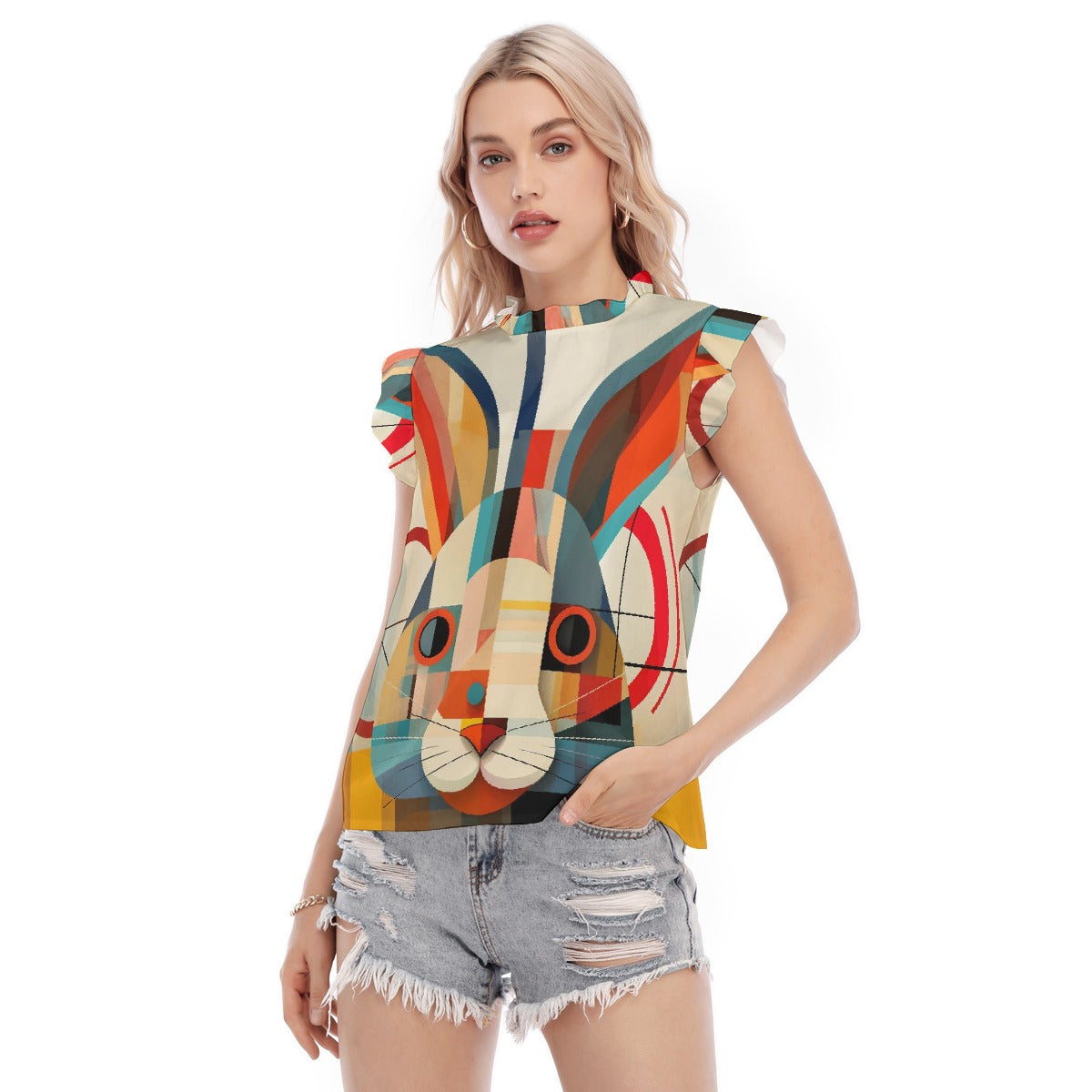 All-Over Print Women's Blouse With Ruffle Collar And Sleeve