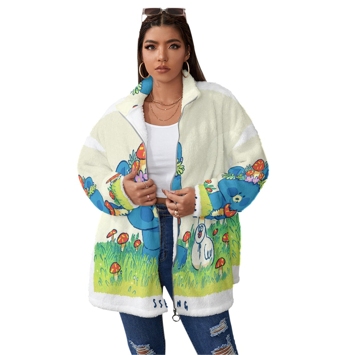 All-Over Print Unisex Borg Fleece Stand-up Collar Coat With Zipper Closure(Plus Size)