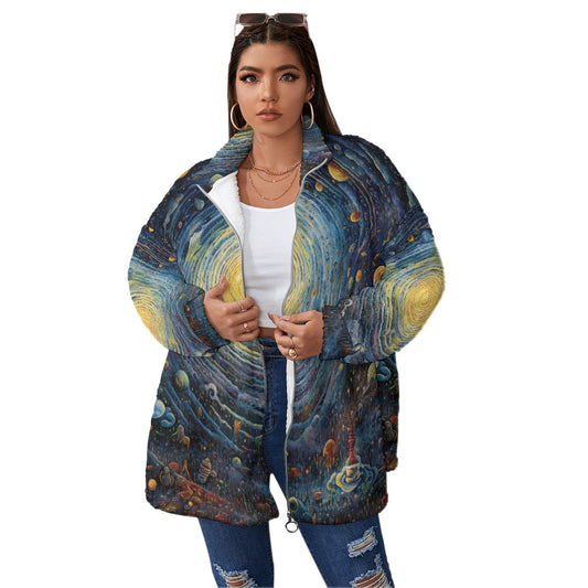 All-Over Print Unisex Borg Fleece Stand-up Collar Coat With Zipper Closure(Plus Size)