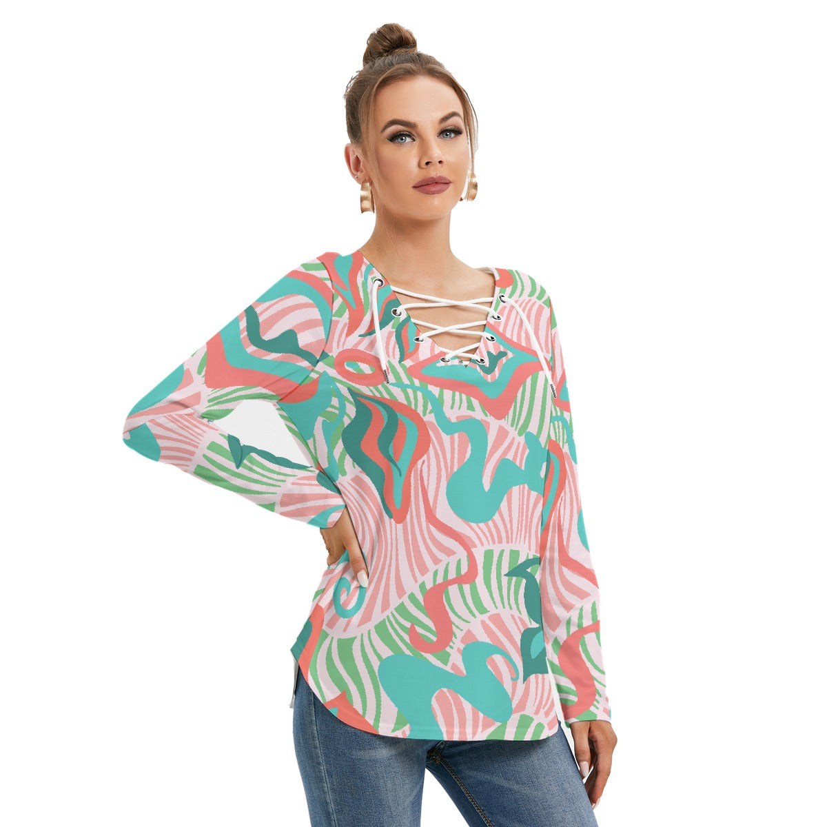 All-Over Print Women's Long Sleeve Neckline Tie Sweatshirt