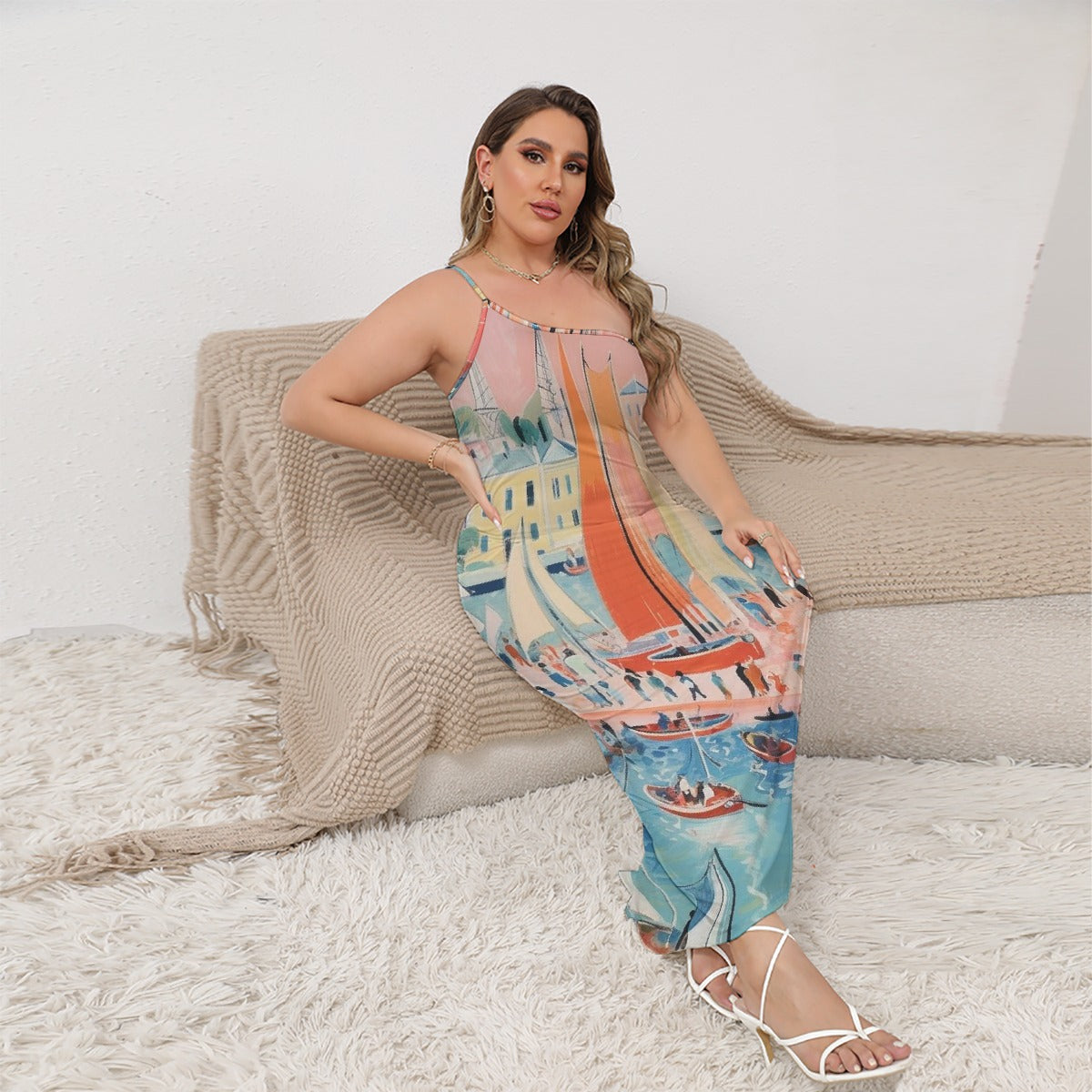 All-Over Print Women's Oblique-Shoulder Exposure Dress With Side Split (Plus Size)