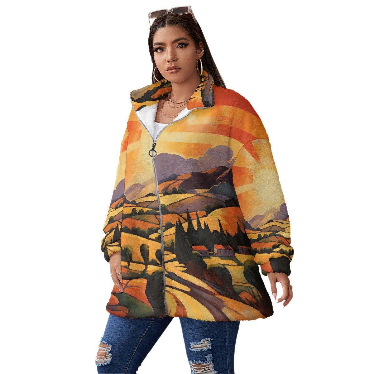 All-Over Print Unisex Borg Fleece Stand-up Collar Coat With Zipper Closure(Plus Size)