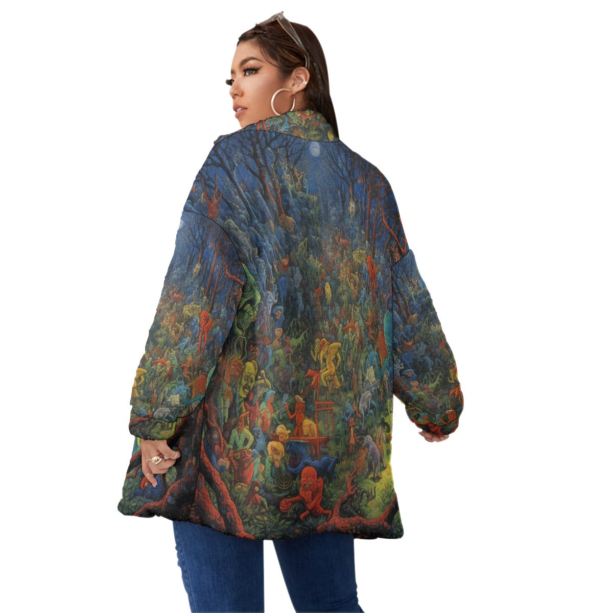 All-Over Print Unisex Borg Fleece Stand-up Collar Coat With Zipper Closure(Plus Size)
