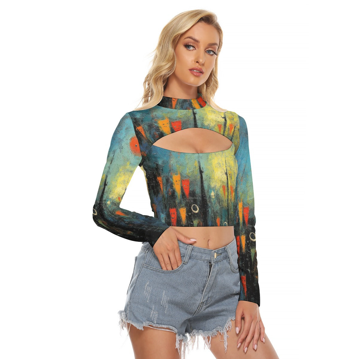 All-Over Print Women's Hollow Chest Keyhole Tight Crop Top