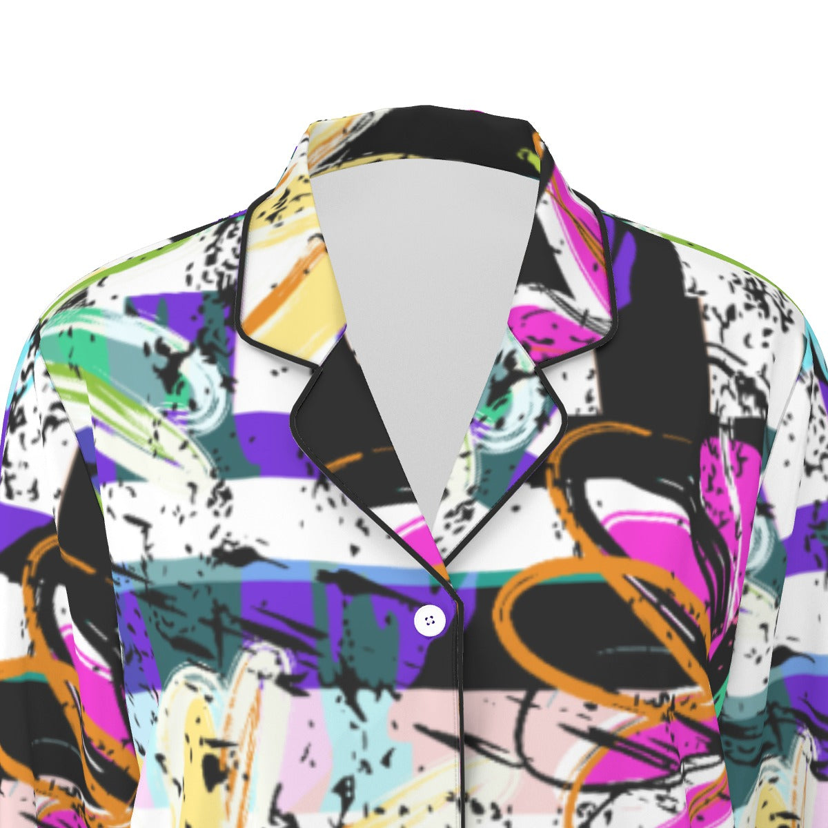 All-Over Print Women's Long Sleeve Pajama Set With Black Contrast Piping