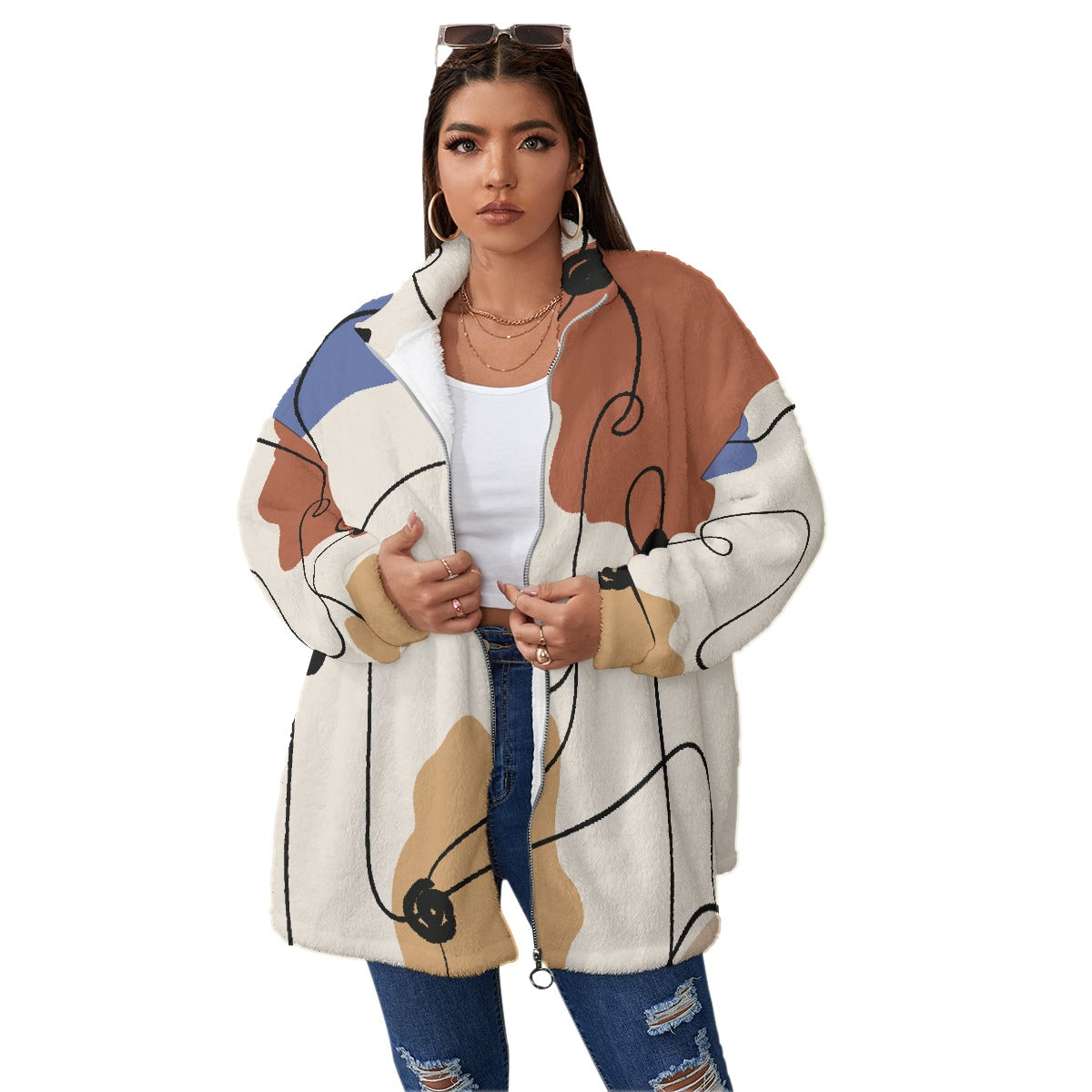 All-Over Print Unisex Borg Fleece Stand-up Collar Coat With Zipper Closure(Plus Size)