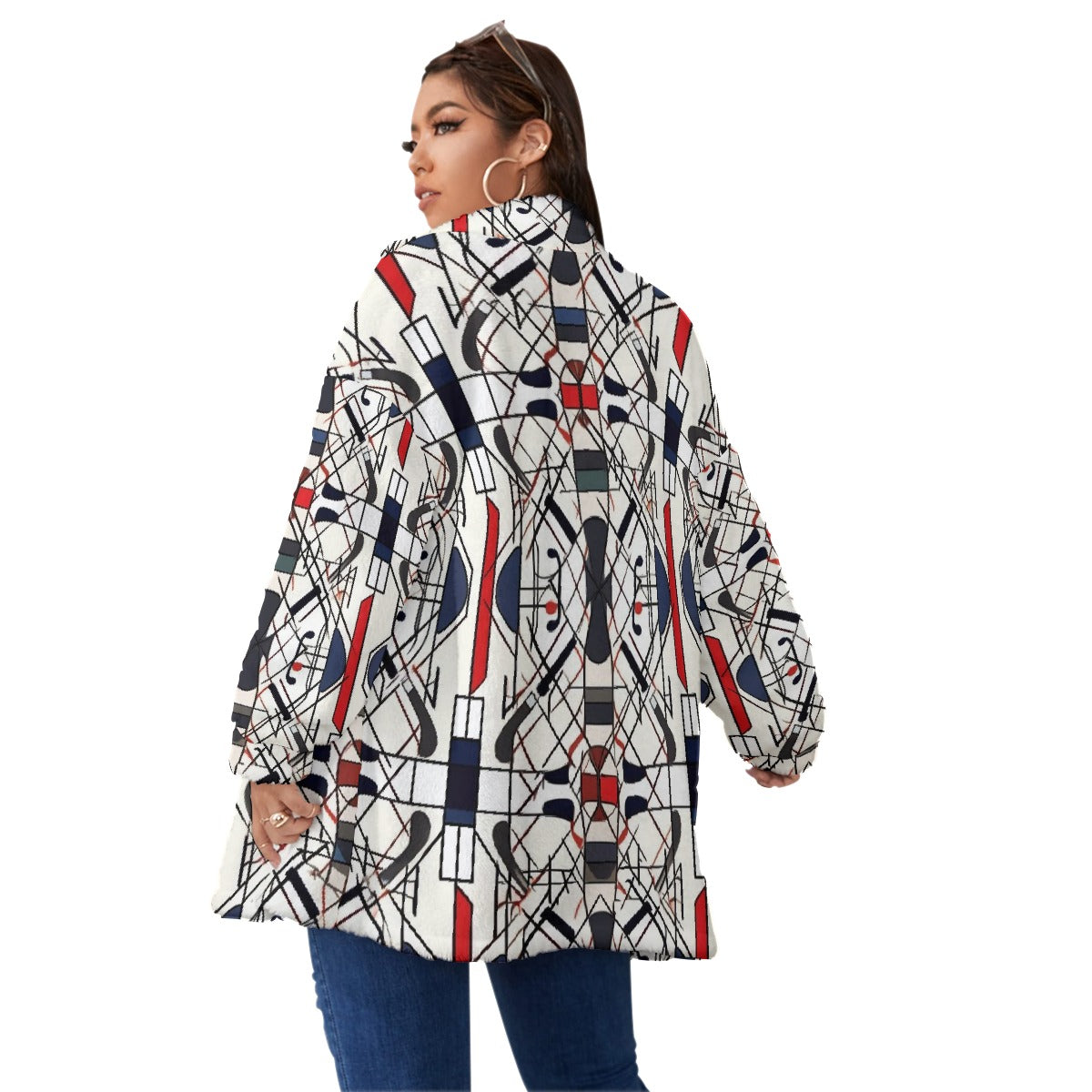 All-Over Print Unisex Borg Fleece Stand-up Collar Coat With Zipper Closure(Plus Size)