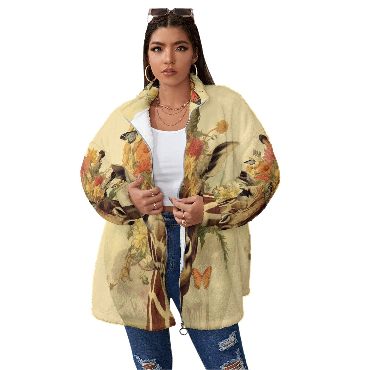 All-Over Print Unisex Borg Fleece Stand-up Collar Coat With Zipper Closure(Plus Size)