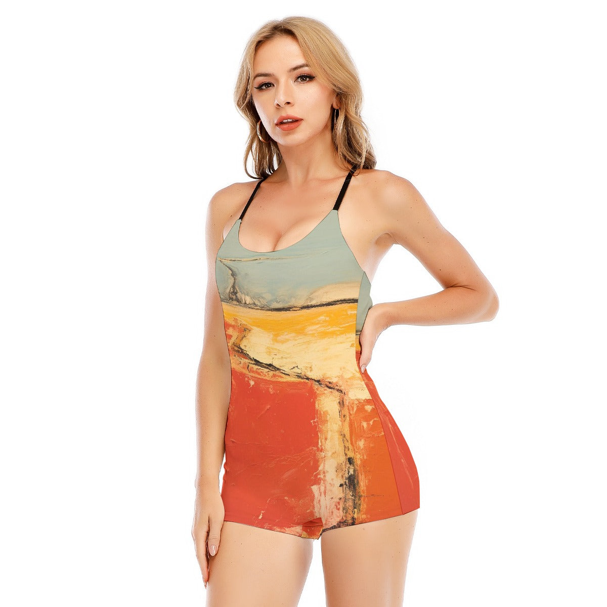 All-Over Print Women's Backless Romper With Black Straps