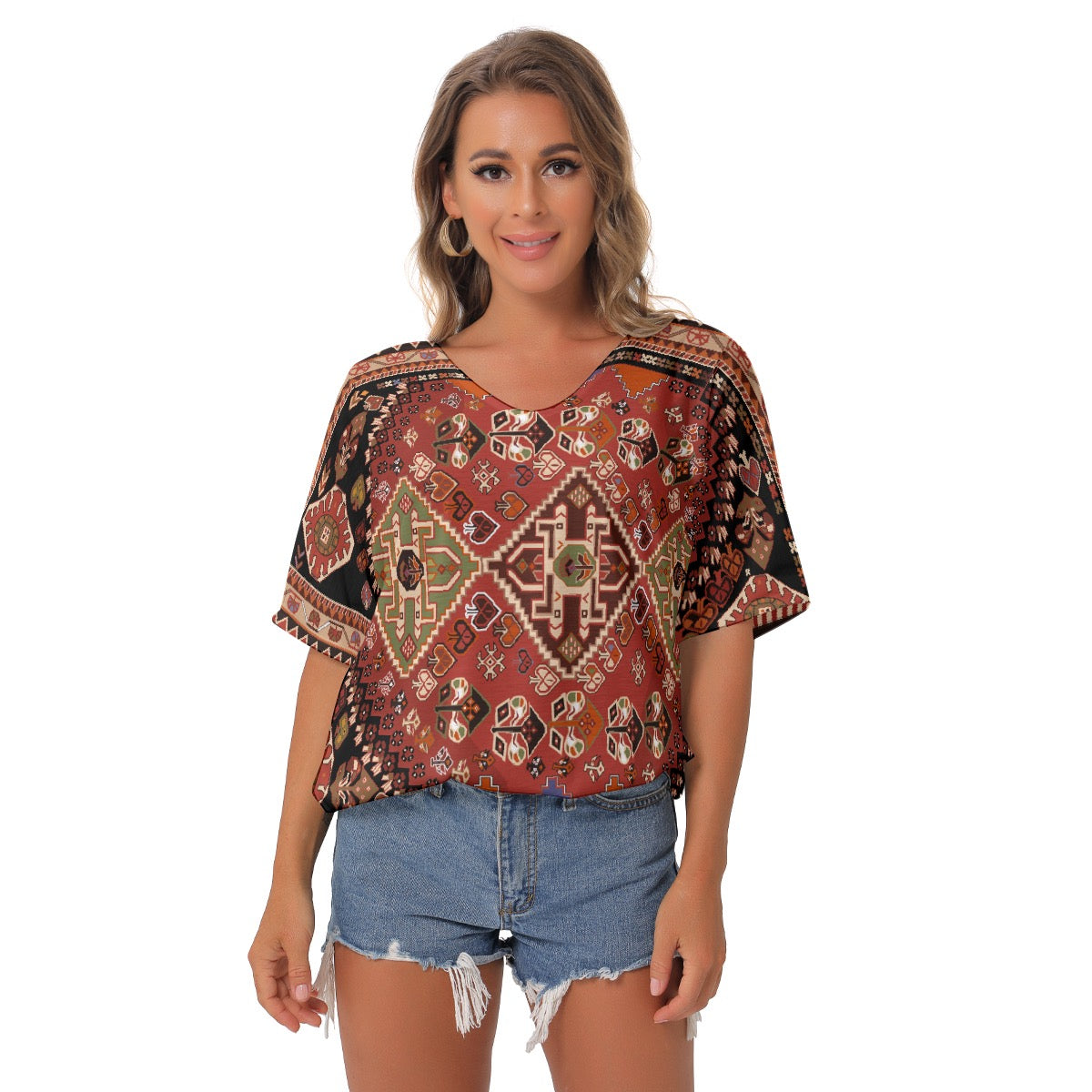 All-Over Print Women's Bat Sleeves V-Neck Blouse