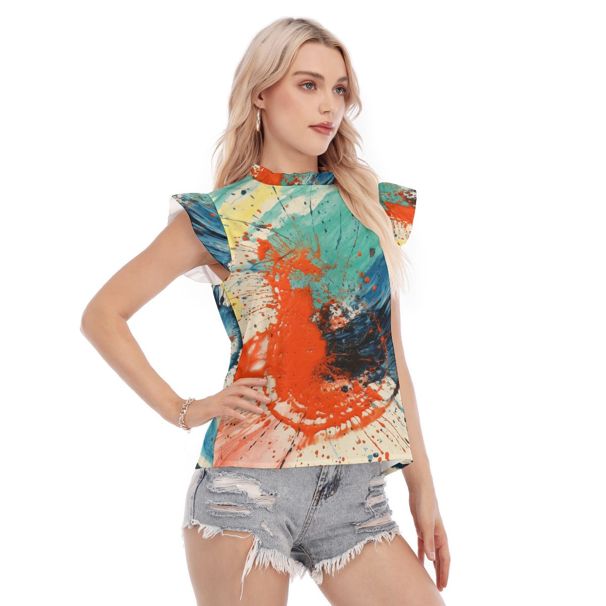 All-Over Print Women's Blouse With Ruffle Collar And Sleeve