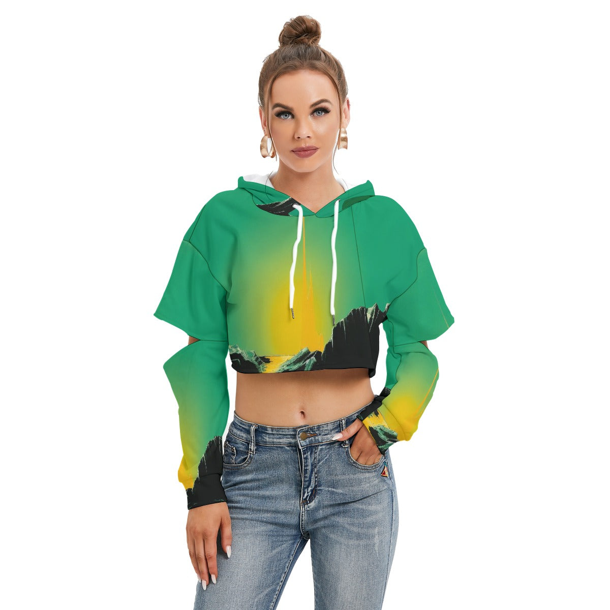 All-Over Print Women's Heavy Fleece Hoodie With Hollow Out Sleeve