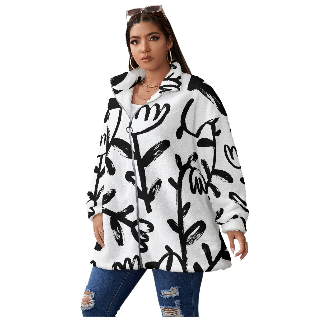 All-Over Print Unisex Borg Fleece Stand-up Collar Coat With Zipper Closure(Plus Size)