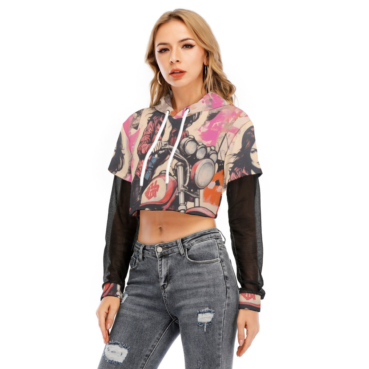 All-Over Print Women's Fake Two-piece Mesh Sleeve Cropped Hoodie