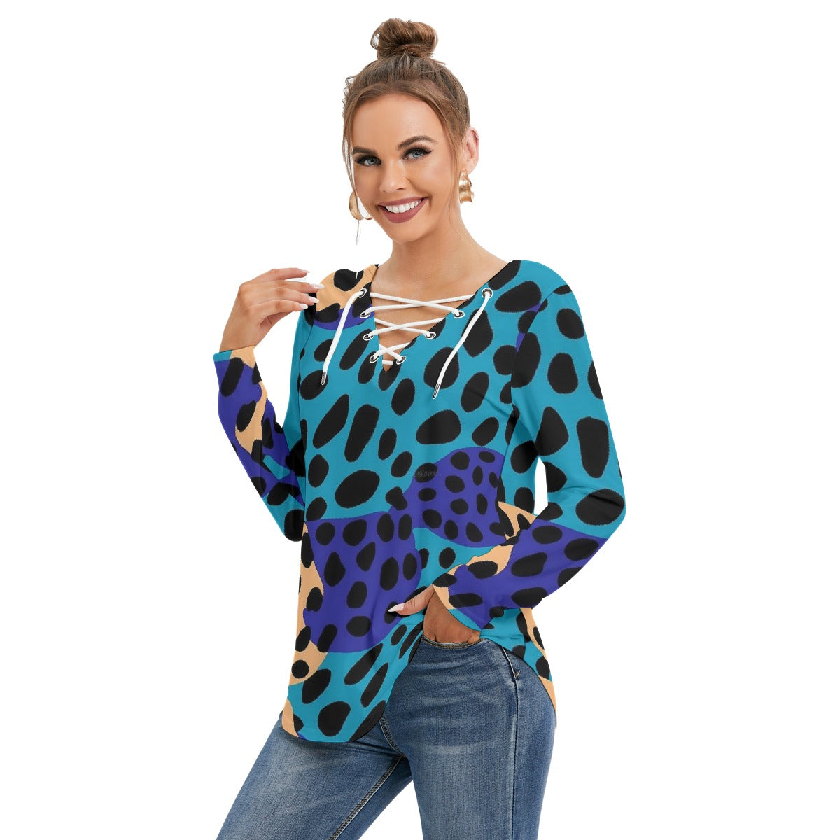 All-Over Print Women's Long Sleeve Neckline Tie Sweatshirt