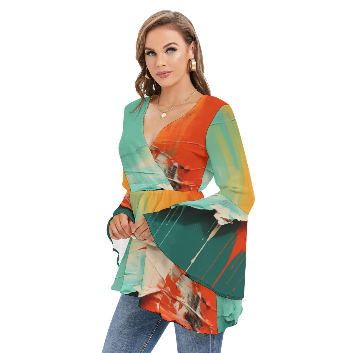 All-Over Print Women's V-neck Blouse With Flared Sleeves