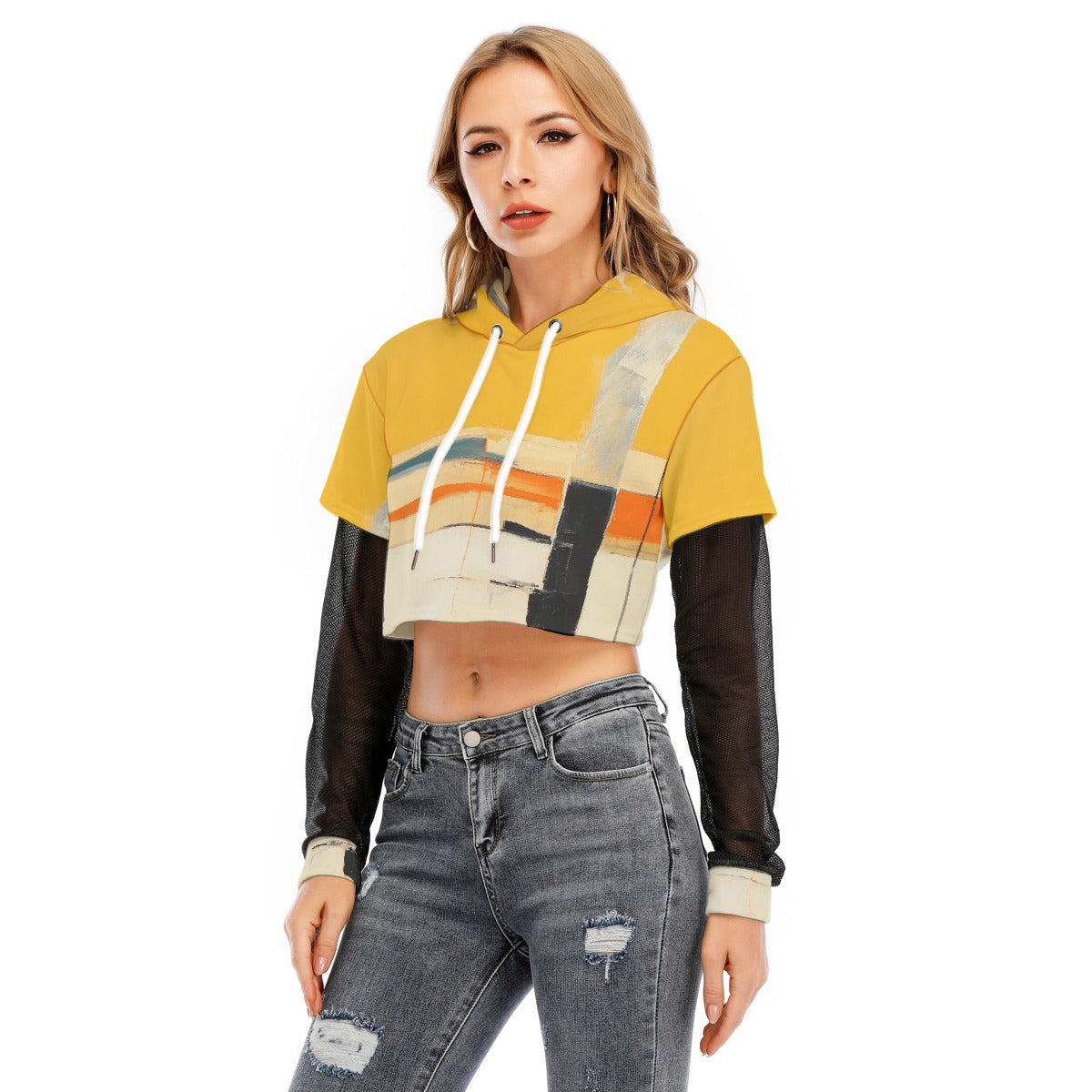 All-Over Print Women's Fake Two-piece Mesh Sleeve Cropped Hoodie
