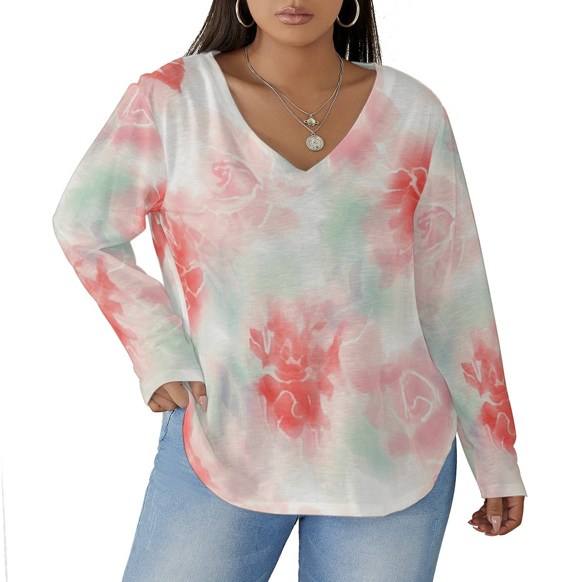 All-Over Print Women's V-neck T-shirt With Curved Hem(Plus Size)