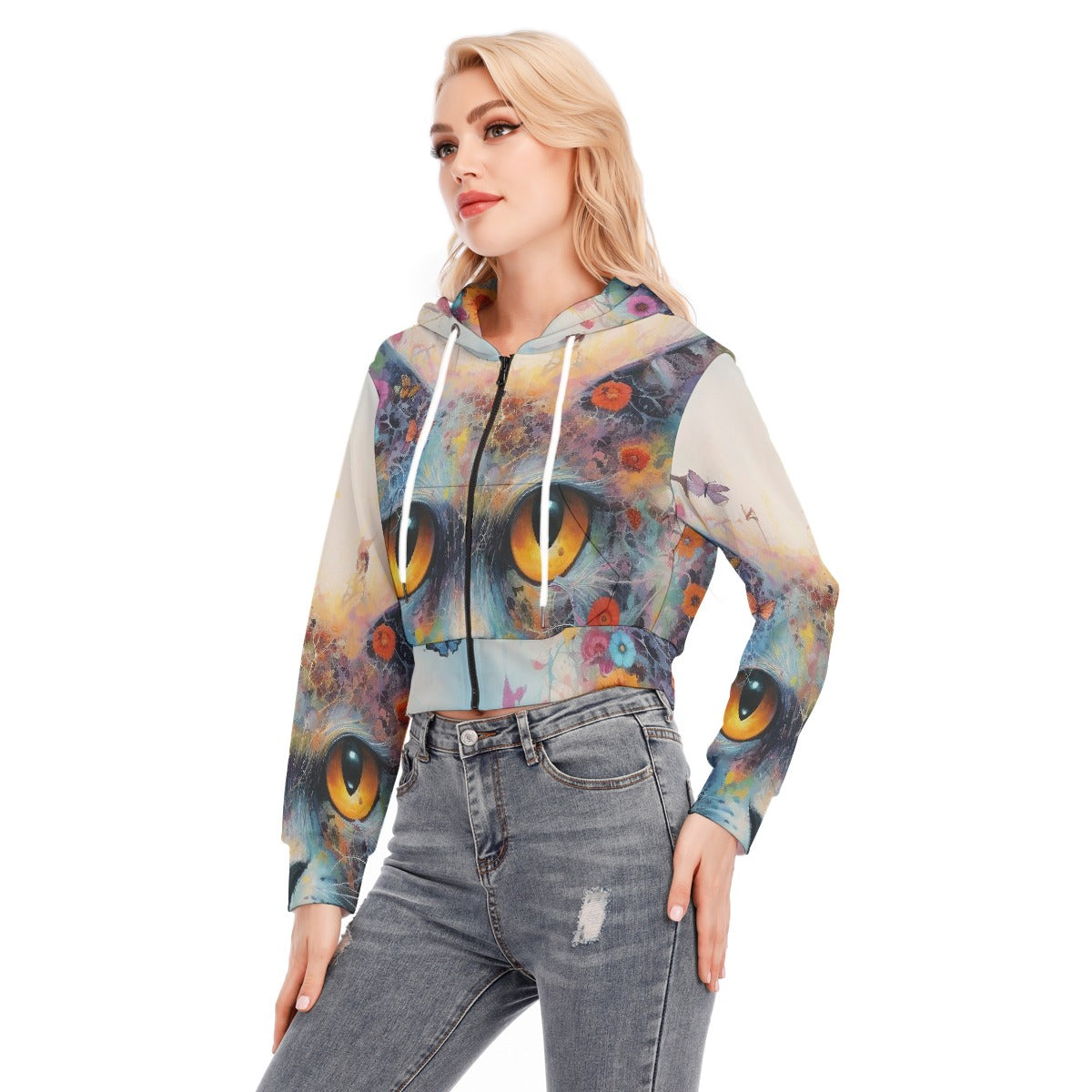 All-Over Print Women's Crop Top Hoodie With Zipper Closure
