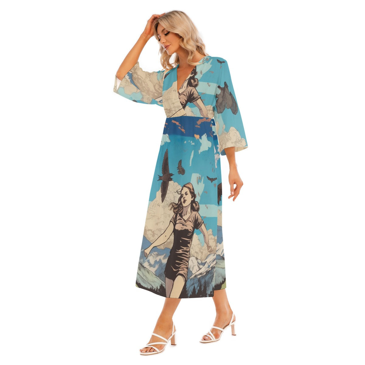 All-Over Print Women's Mid-Sleeve Long Dress