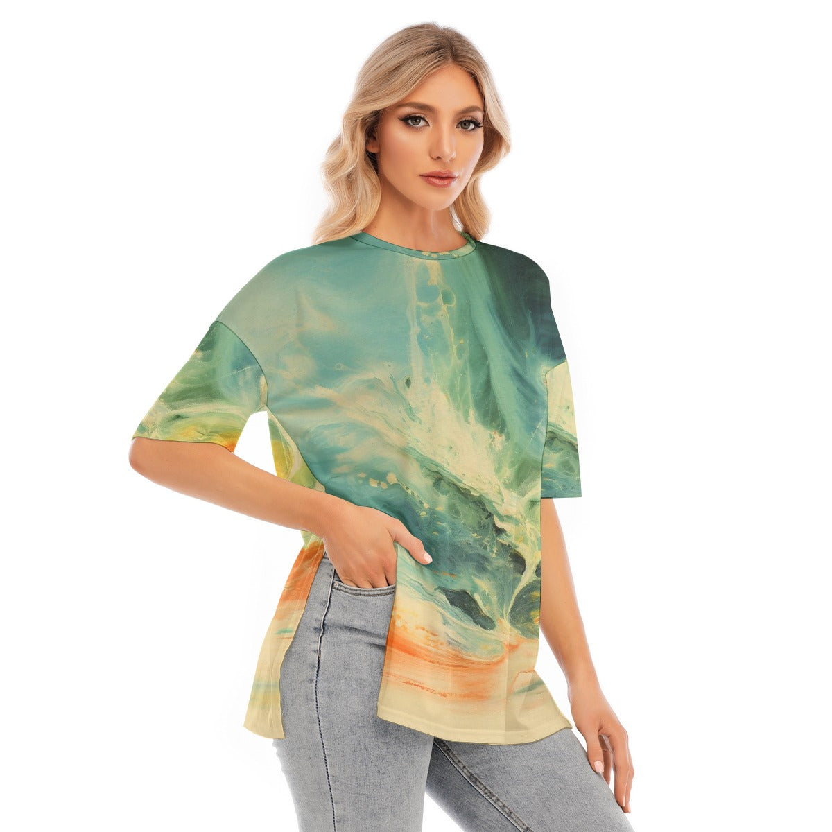 All-Over Print Women's Short Sleeves T-shirt With Hem Split