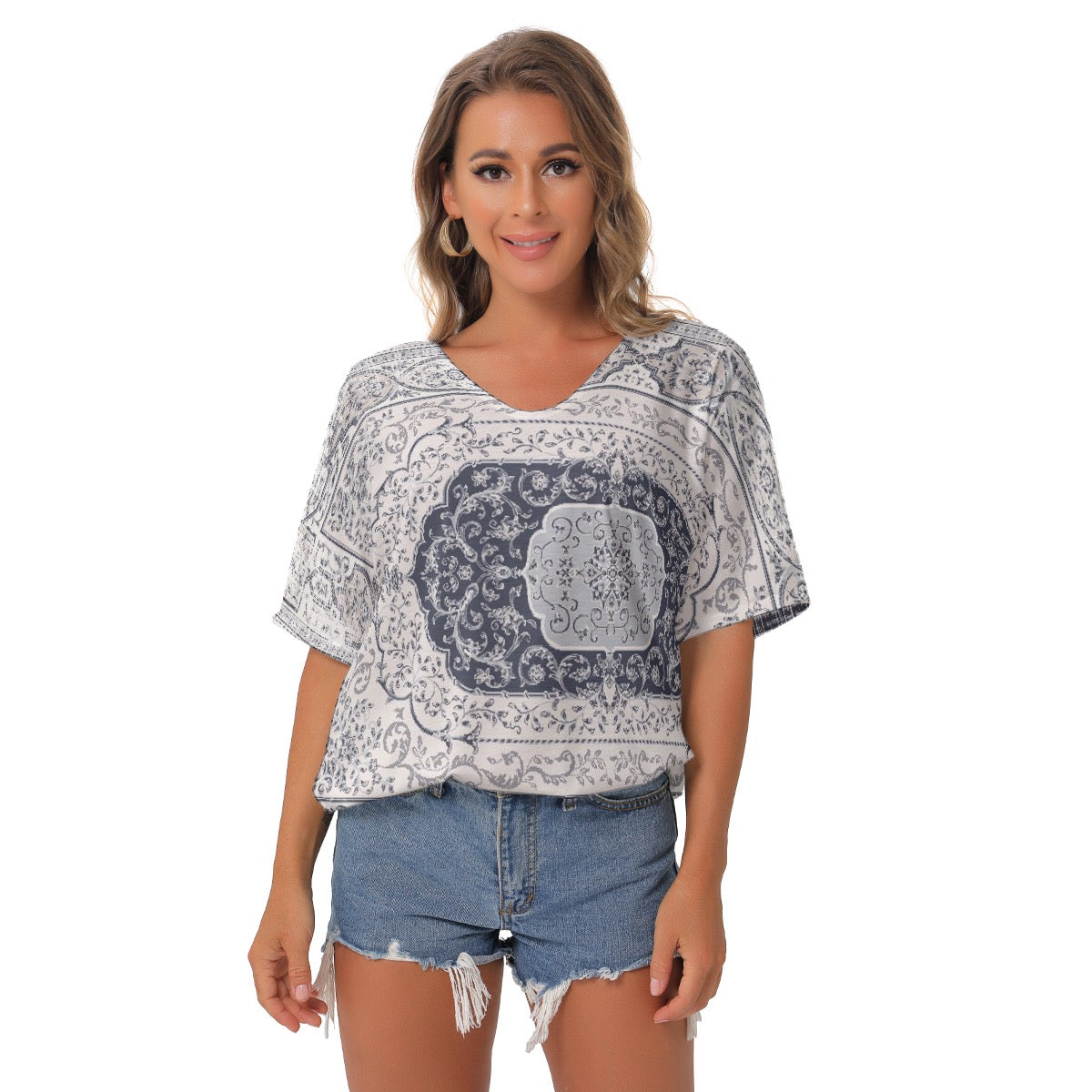 All-Over Print Women's Bat Sleeves V-Neck Blouse