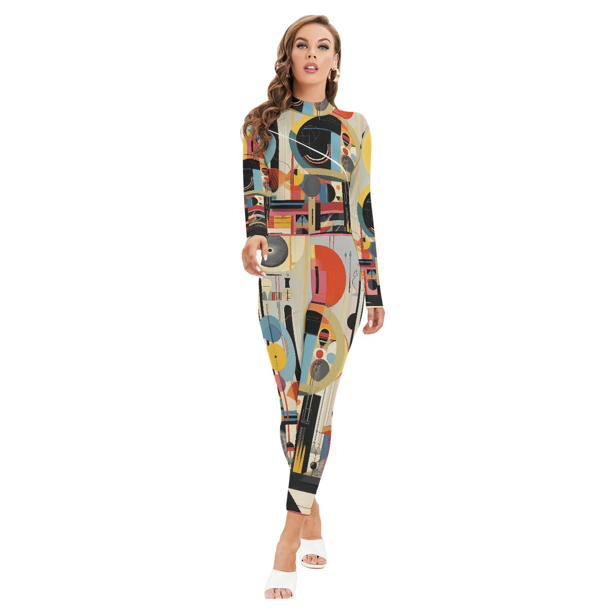 All-Over Print Women's Long-sleeved High-neck Jumpsuit With Zipper