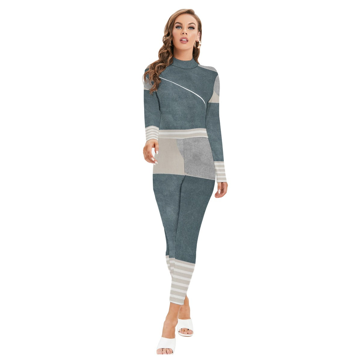 All-Over Print Women's Long-sleeved High-neck Jumpsuit With Zipper