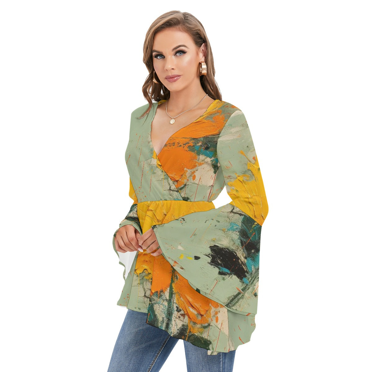 All-Over Print Women's V-neck Blouse With Flared Sleeves