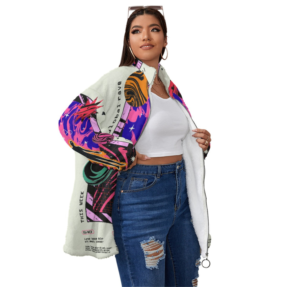 All-Over Print Unisex Borg Fleece Stand-up Collar Coat With Zipper Closure(Plus Size)