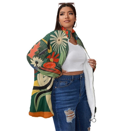 All-Over Print Unisex Borg Fleece Stand-up Collar Coat With Zipper Closure(Plus Size)