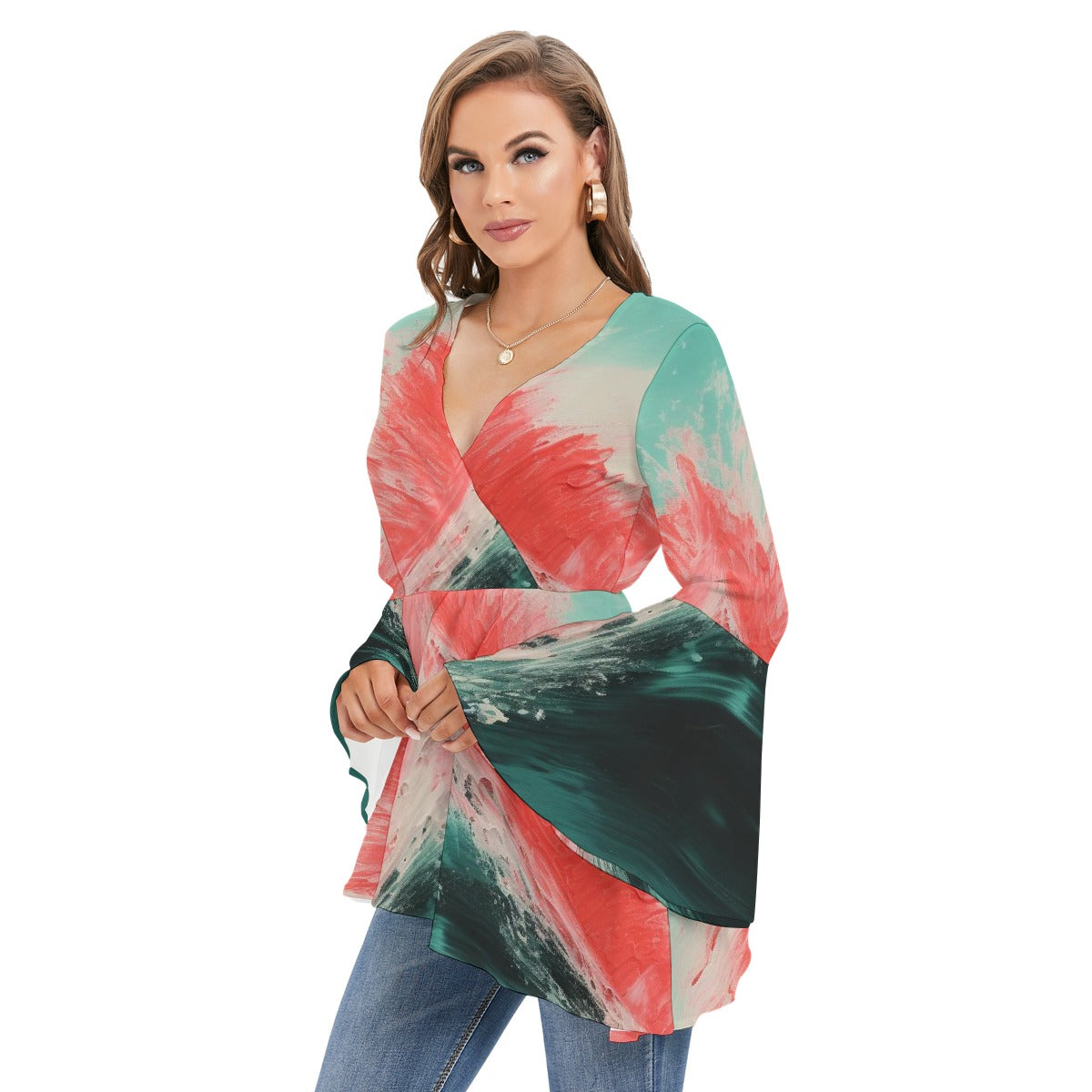 All-Over Print Women's V-neck Blouse With Flared Sleeves