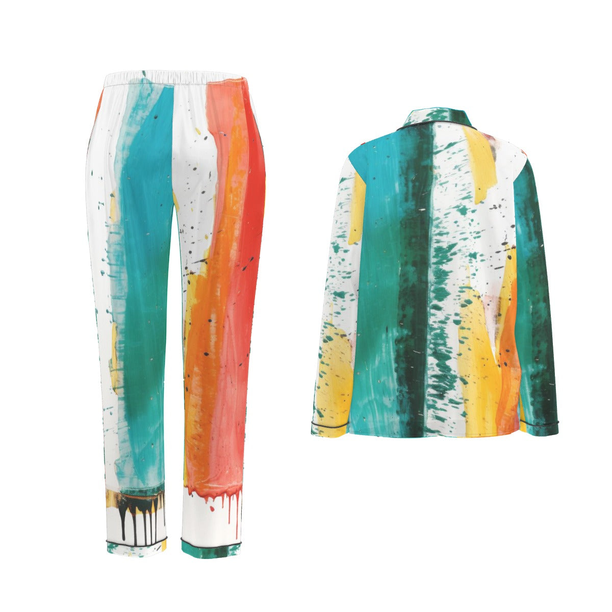 All-Over Print Women's Long Sleeve Pajama Set With Black Contrast Piping