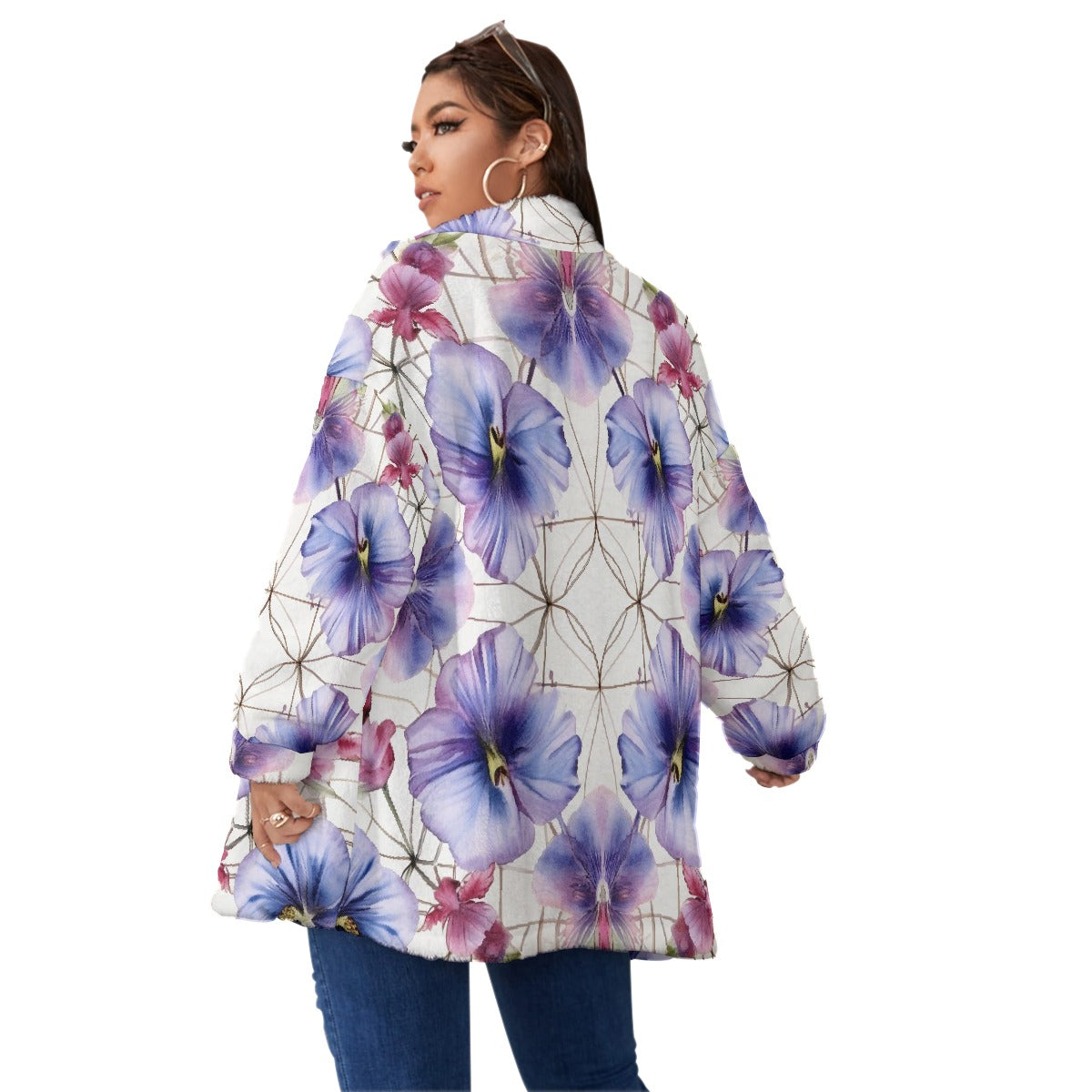 All-Over Print Unisex Borg Fleece Stand-up Collar Coat With Zipper Closure(Plus Size)