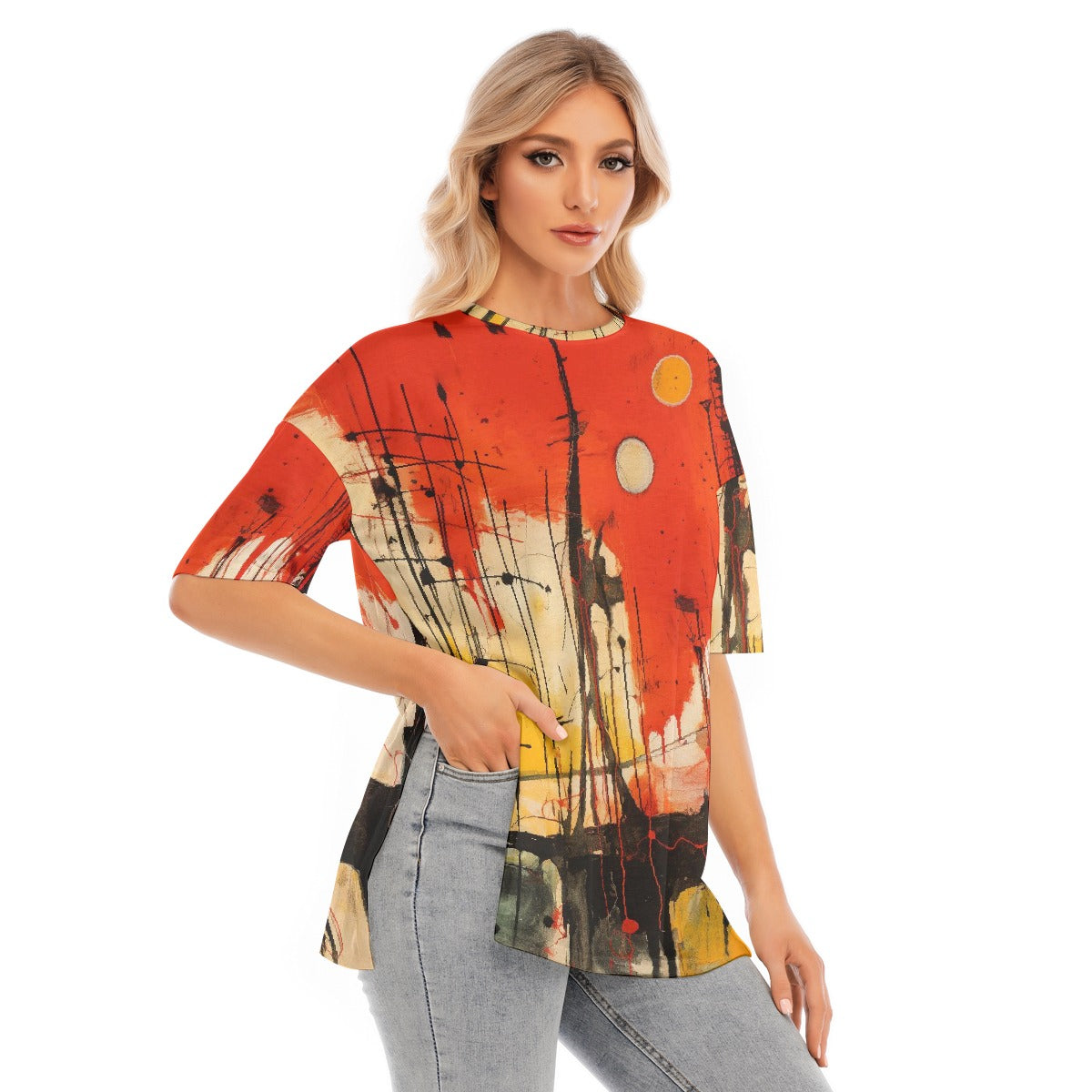 All-Over Print Women's Short Sleeves T-shirt With Hem Split