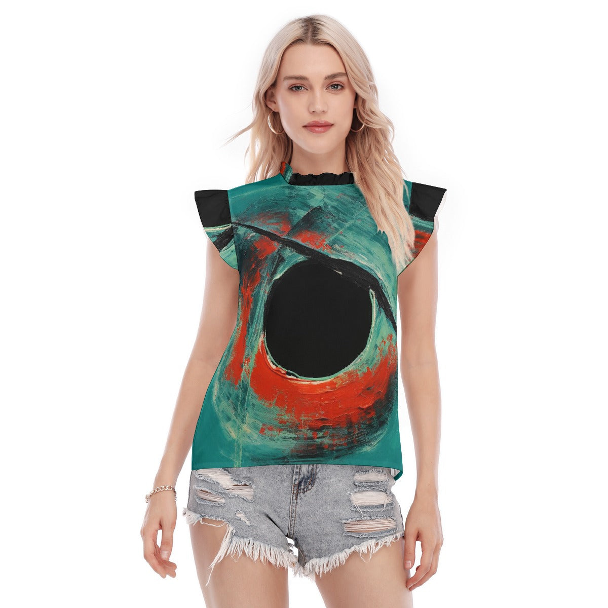 All-Over Print Women's Blouse With Ruffle Collar And Sleeve