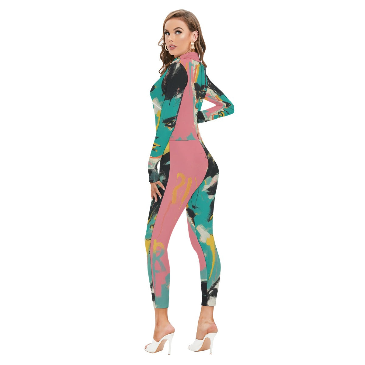 All-Over Print Women's Long-sleeved High-neck Jumpsuit With Zipper