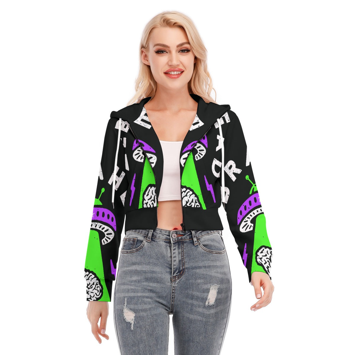 All-Over Print Women's Crop Top Hoodie With Zipper Closure