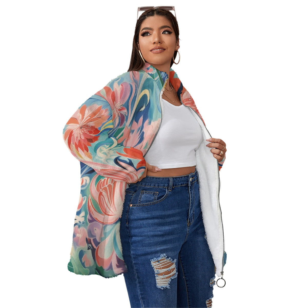 All-Over Print Unisex Borg Fleece Stand-up Collar Coat With Zipper Closure(Plus Size)