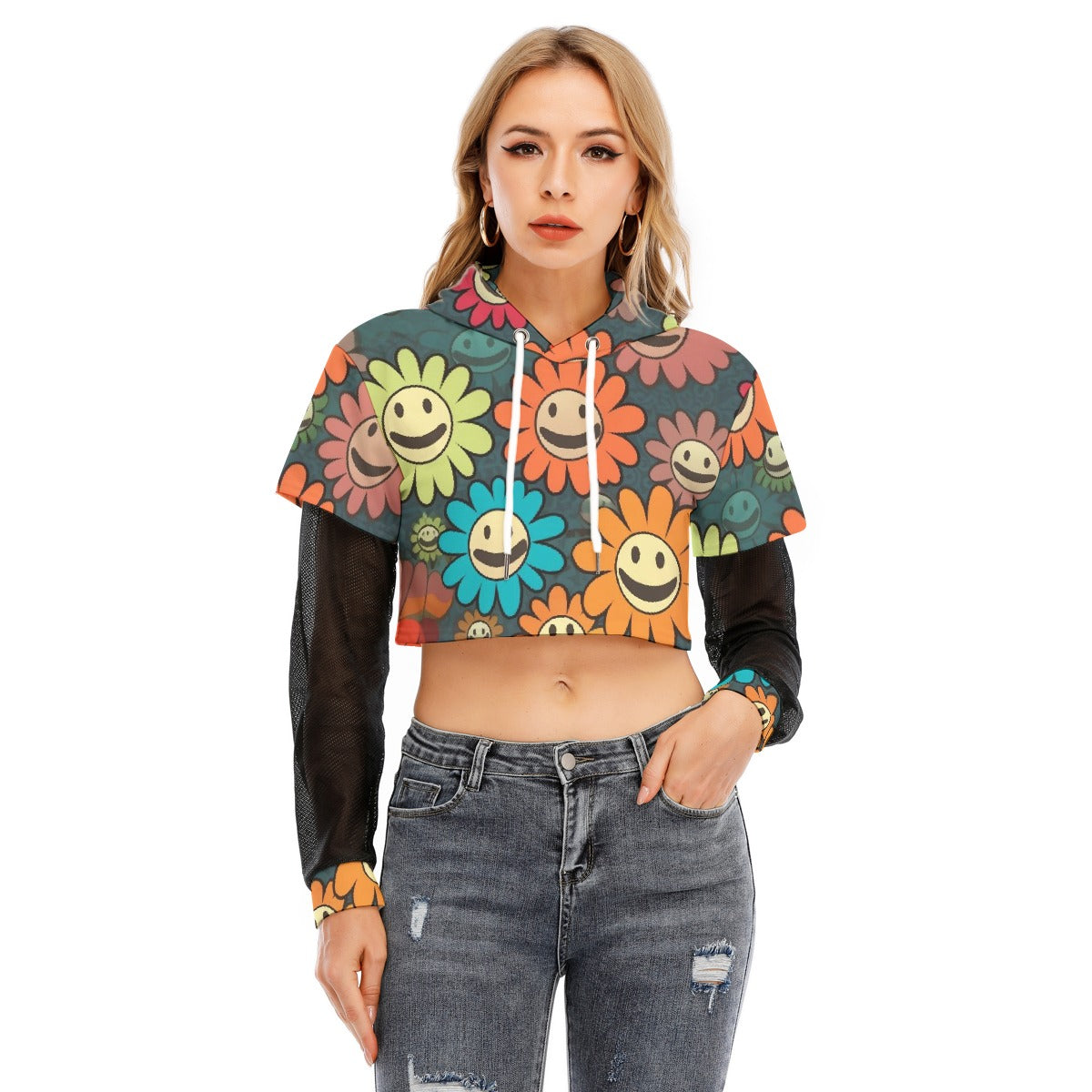 All-Over Print Women's Fake Two-piece Mesh Sleeve Cropped Hoodie