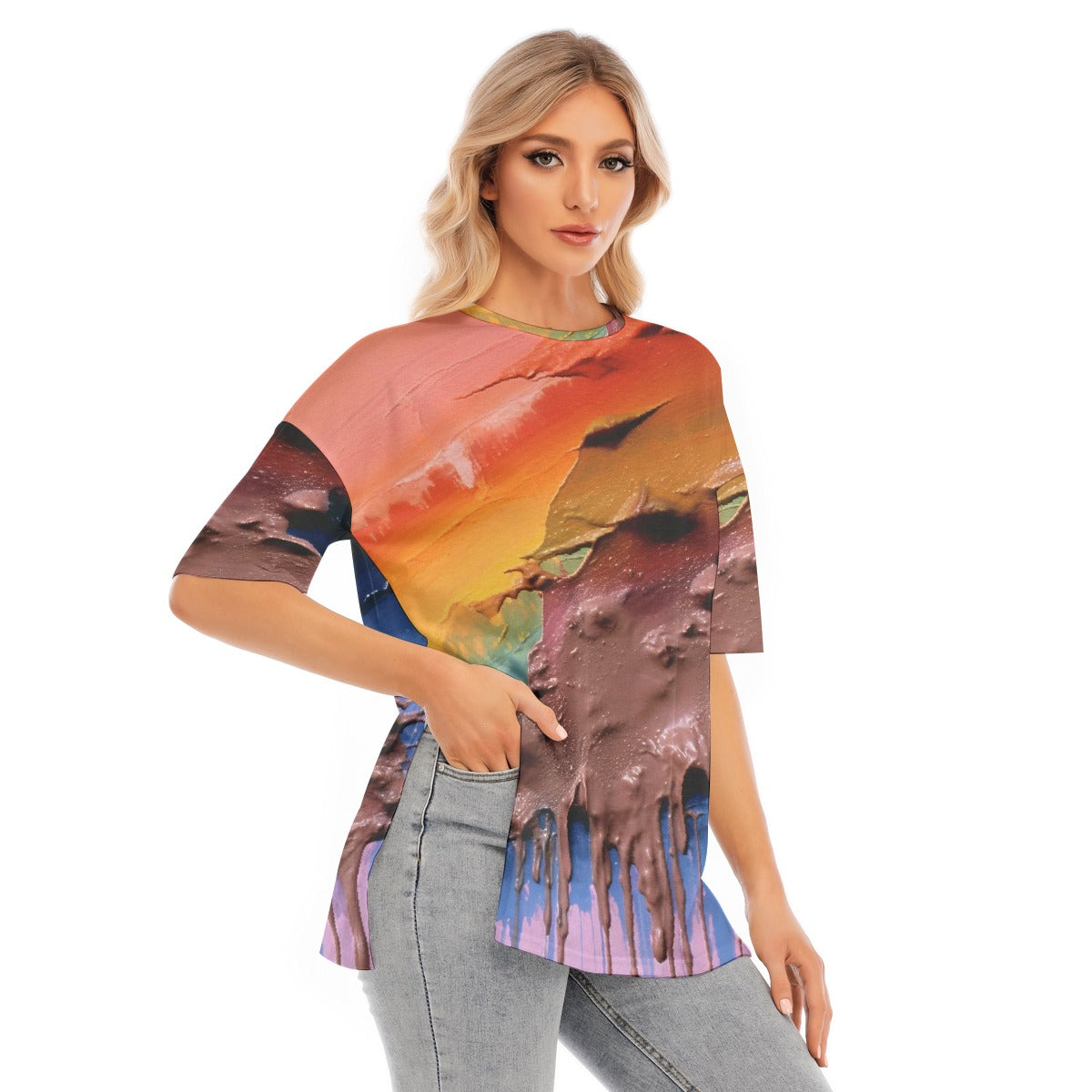 All-Over Print Women's Short Sleeves T-shirt With Hem Split