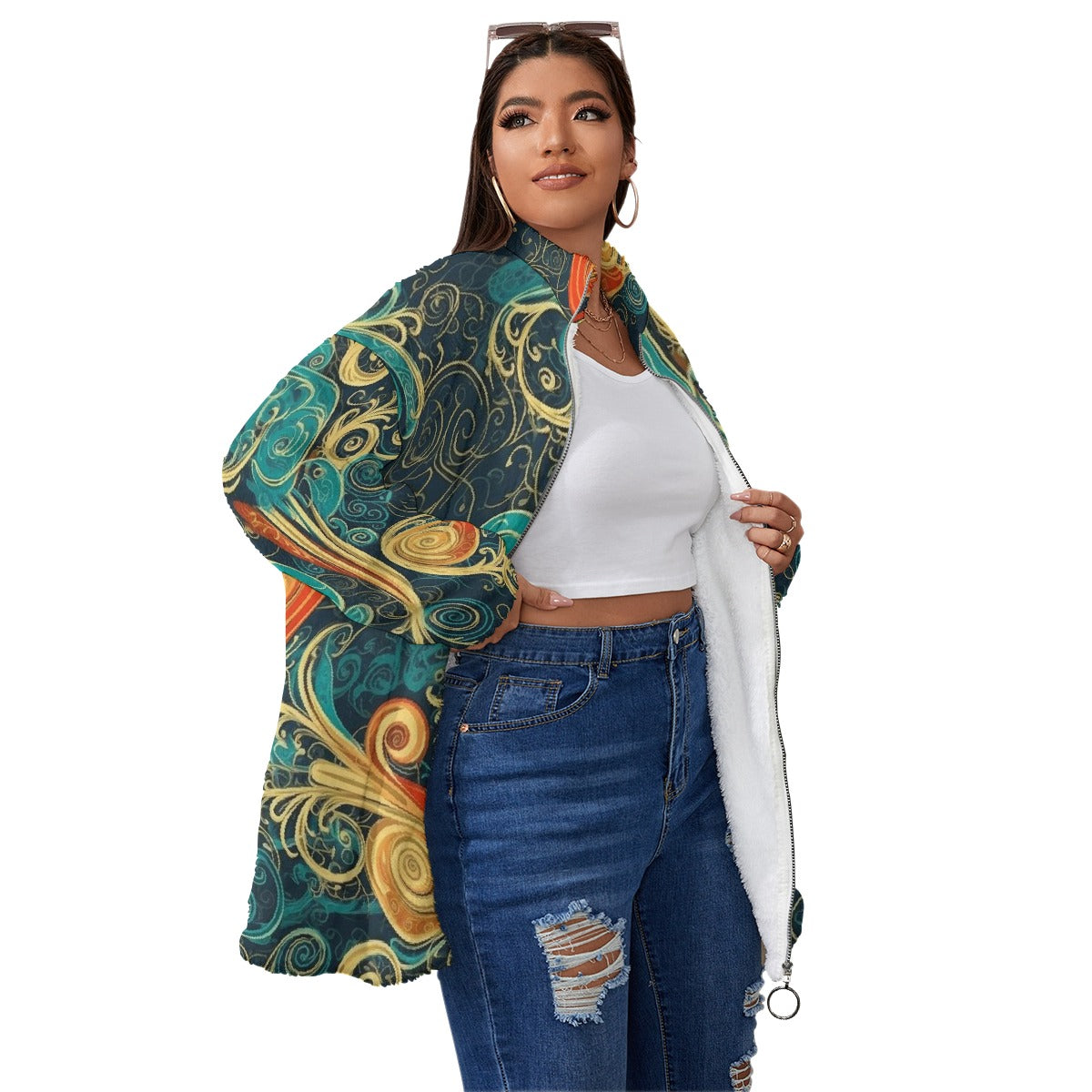 All-Over Print Unisex Borg Fleece Stand-up Collar Coat With Zipper Closure(Plus Size)