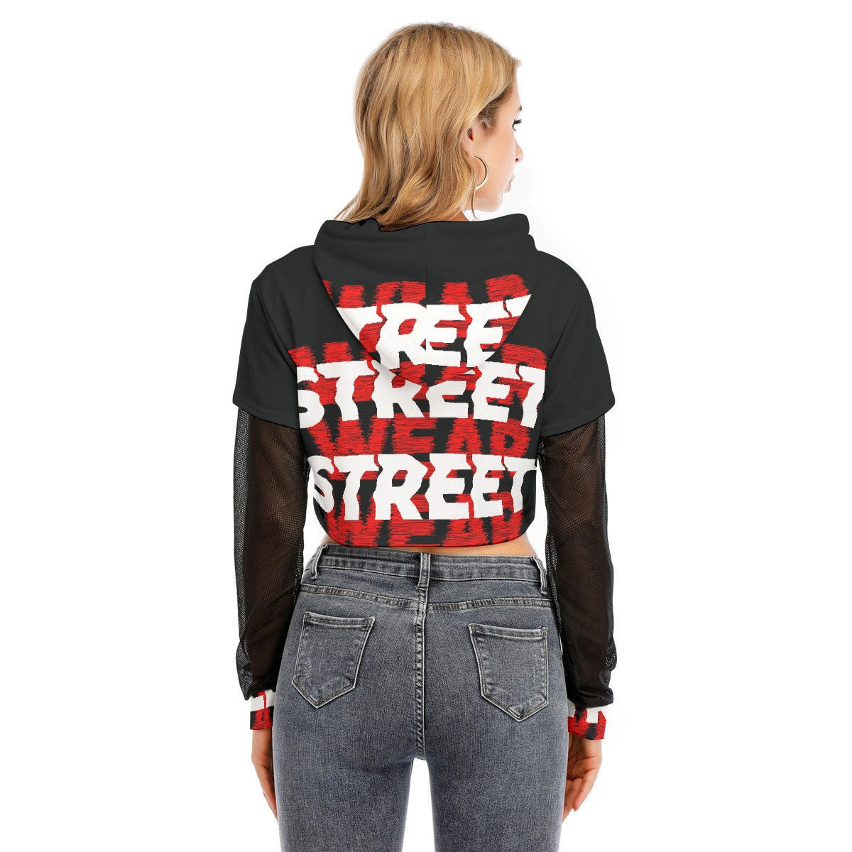 All-Over Print Women's Fake Two-piece Mesh Sleeve Cropped Hoodie