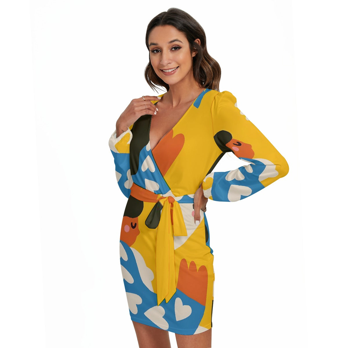 All-Over Print Women's Long Sleeve Dress With Waist Belt