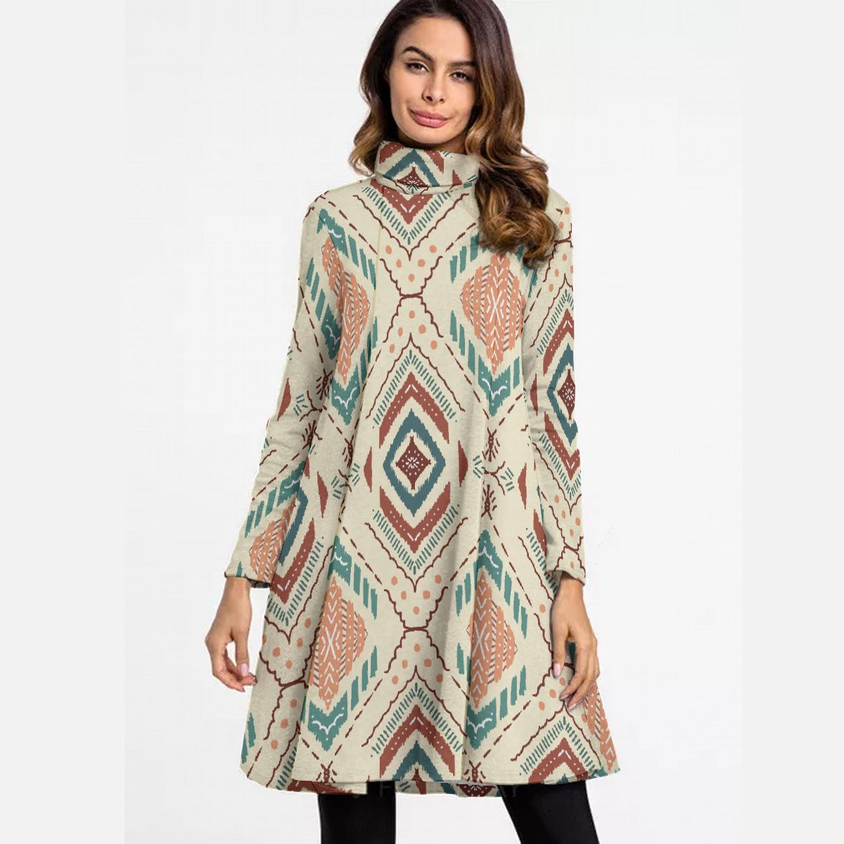 All-Over Print Women's High Neck Dress With Long Sleeve