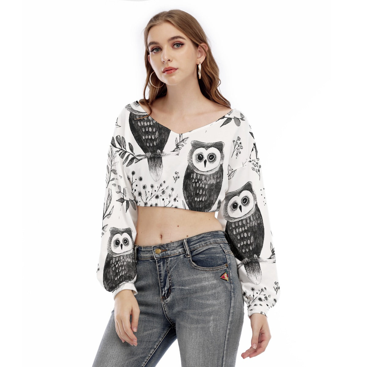 All-Over Print Women's V-neck Long Sleeve Cropped Sweatshirt
