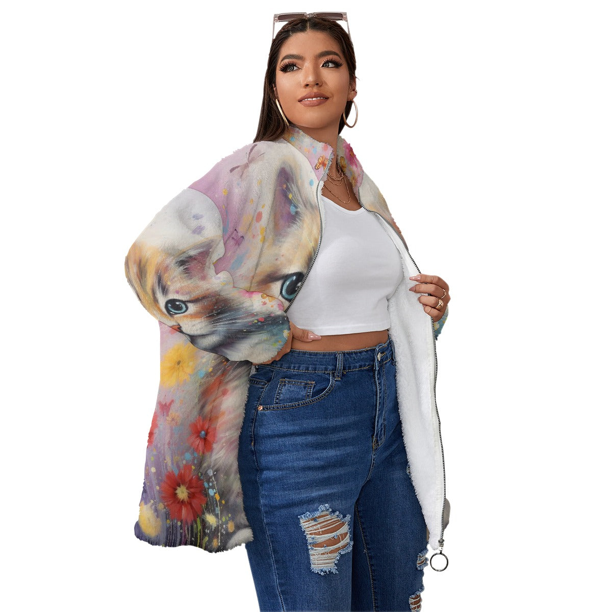 All-Over Print Unisex Borg Fleece Stand-up Collar Coat With Zipper Closure(Plus Size)