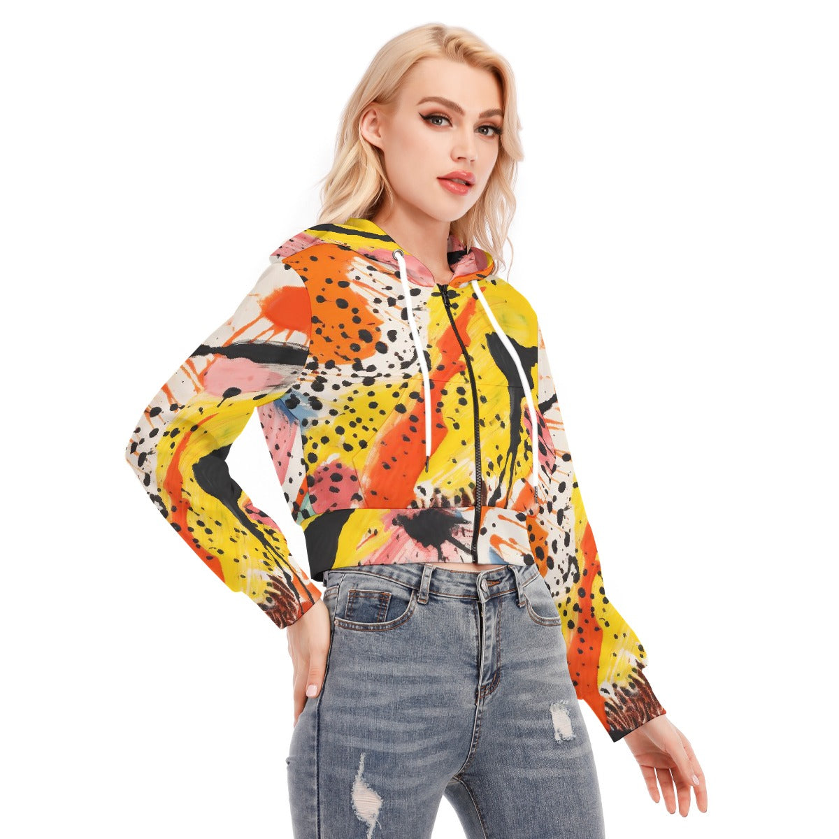 All-Over Print Women's Crop Top Hoodie With Zipper Closure