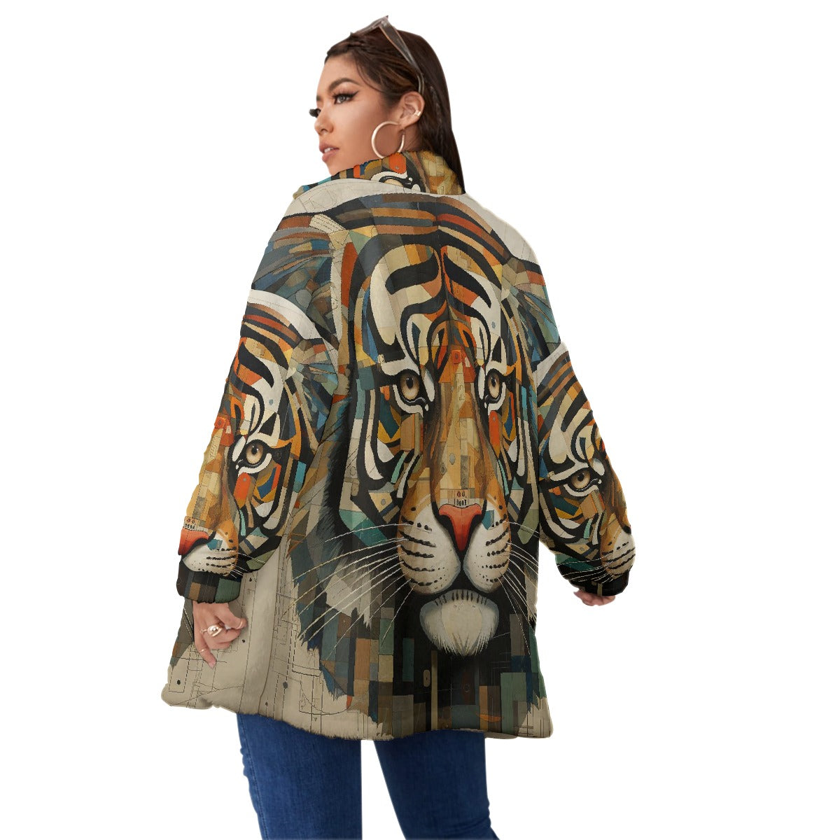 All-Over Print Unisex Borg Fleece Stand-up Collar Coat With Zipper Closure(Plus Size)